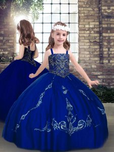 Latest Straps Sleeveless Lace Up Girls Pageant Dresses Royal Blue Lace