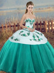 Decent Turquoise Ball Gowns Sweetheart Sleeveless Tulle Floor Length Lace Up Embroidery and Bowknot 15 Quinceanera Dress