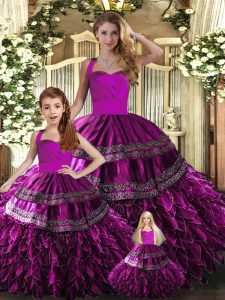 Simple Fuchsia Halter Top Lace Up Embroidery and Ruffles Quinceanera Gowns Sleeveless