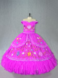 Shining Satin Off The Shoulder Sleeveless Lace Up Embroidery Quinceanera Dresses in Fuchsia