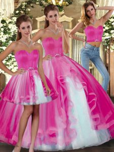 Fuchsia Ball Gowns Tulle Sweetheart Sleeveless Beading Floor Length Lace Up Sweet 16 Quinceanera Dress