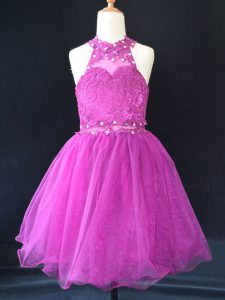 Best Fuchsia A-line Beading and Lace Flower Girl Dresses Lace Up Organza Sleeveless Mini Length