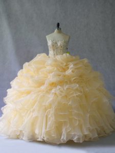 Gold Sleeveless Floor Length Beading and Ruffles and Pick Ups Lace Up Sweet 16 Dress