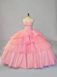 Hot Selling Watermelon Red Organza Lace Up Sweet 16 Quinceanera Dress Sleeveless Brush Train Beading and Ruffles