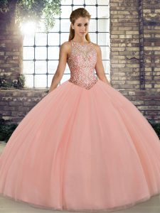 Customized Floor Length Ball Gowns Sleeveless Peach 15th Birthday Dress Lace Up
