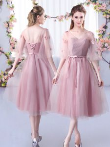 Discount Tulle V-neck Sleeveless Lace Up Lace and Belt Dama Dress for Quinceanera in Pink