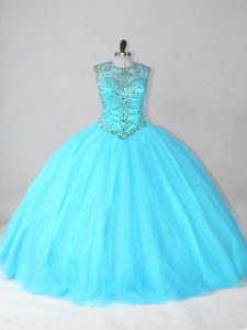 Elegant Beading Quinceanera Gown Aqua Blue Lace Up Sleeveless Floor Length