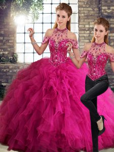 Perfect Fuchsia Halter Top Neckline Beading and Ruffles Sweet 16 Quinceanera Dress Sleeveless Lace Up