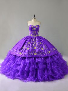 Fashion Purple Ball Gowns Sweetheart Sleeveless Organza Floor Length Lace Up Embroidery and Ruffles Party Dress