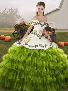 Olive Green Organza Lace Up Sweet 16 Dresses Sleeveless Floor Length Embroidery and Ruffled Layers