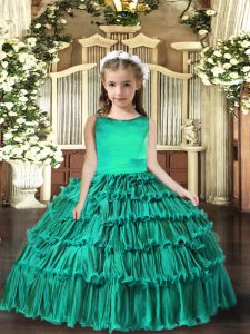 Turquoise Lace Up Little Girl Pageant Gowns Sleeveless Floor Length Ruffled Layers