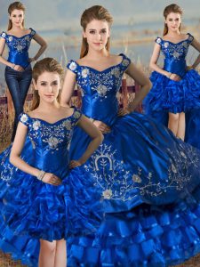 New Arrival Off The Shoulder Sleeveless Lace Up Quinceanera Gown Royal Blue Satin and Organza