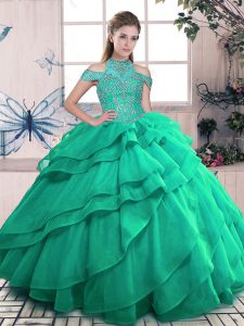 Turquoise Ball Gowns High-neck Sleeveless Organza Floor Length Lace Up Beading and Ruffles Quinceanera Dresses