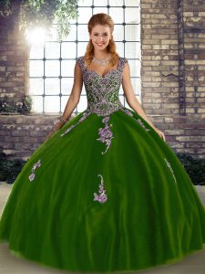 Olive Green Lace Up Straps Beading and Appliques Quinceanera Gown Tulle Sleeveless