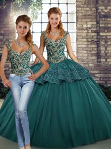Flirting Green Lace Up Straps Beading and Appliques Quinceanera Dresses Tulle Sleeveless