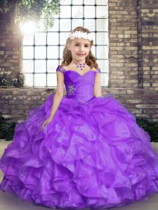 Beading and Ruffles Pageant Dress for Girls Lavender Lace Up Sleeveless Floor Length