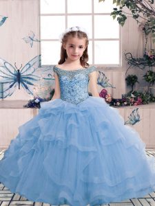 Sleeveless Tulle Floor Length Lace Up Little Girls Pageant Dress Wholesale in Light Blue with Beading and Ruffles