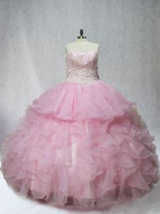 Shining Sleeveless Organza Floor Length Lace Up Vestidos de Quinceanera in Pink with Beading and Ruffles