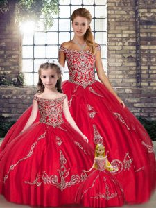 Perfect Red Sleeveless Beading and Embroidery Floor Length Quinceanera Gown