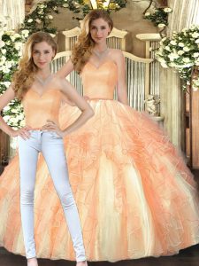 Sleeveless Organza Floor Length Lace Up 15 Quinceanera Dress in Orange with Beading and Ruffles