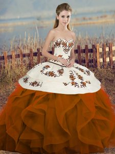 Designer Rust Red Sweet 16 Quinceanera Dress Military Ball and Sweet 16 and Quinceanera with Embroidery and Ruffles and Bowknot Sweetheart Sleeveless Lace Up