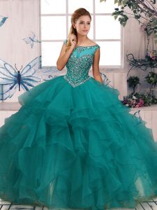 Free and Easy Sleeveless Floor Length Beading and Ruffles Zipper Ball Gown Prom Dress with Turquoise