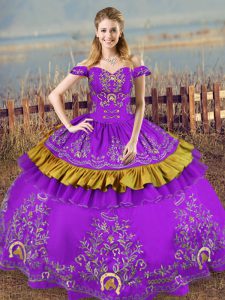 Off The Shoulder Sleeveless Quinceanera Gown Floor Length Embroidery Purple Satin and Organza