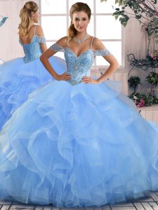 New Arrival Blue Sleeveless Floor Length Beading and Ruffles Lace Up Sweet 16 Quinceanera Dress