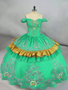 Turquoise Ball Gowns Satin Off The Shoulder Sleeveless Embroidery Floor Length Zipper 15th Birthday Dress