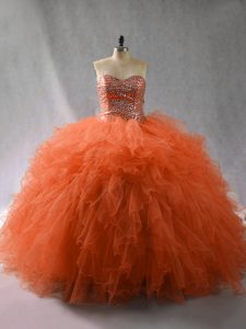 New Arrival Orange Red Ball Gowns Beading and Ruffles Quinceanera Dress Lace Up Tulle Sleeveless Floor Length