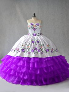 White And Purple Lace Up Quinceanera Dress Embroidery and Ruffled Layers Sleeveless Floor Length