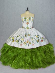 Olive Green Lace Up Sweetheart Embroidery and Ruffles Sweet 16 Quinceanera Dress Organza Sleeveless