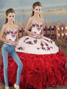 White And Red Sweetheart Neckline Embroidery and Ruffles and Bowknot Ball Gown Prom Dress Sleeveless Lace Up