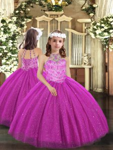 Wonderful Fuchsia Lace Up Child Pageant Dress Beading Sleeveless Floor Length