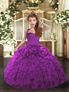 Trendy Purple Organza Lace Up Straps Sleeveless Floor Length Pageant Dress for Teens Ruffles