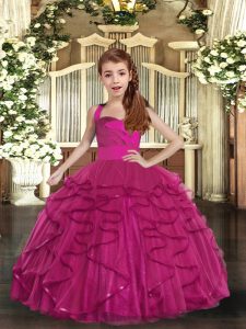 Straps Sleeveless Lace Up Little Girl Pageant Dress Fuchsia Tulle