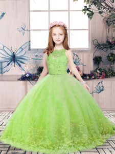 Custom Fit Yellow Green Ball Gowns Lace and Appliques Little Girls Pageant Gowns Backless Tulle Sleeveless Floor Length