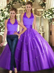 Cute Sleeveless Tulle Floor Length Lace Up Quince Ball Gowns in Purple with Beading