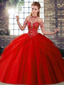 Sweet Lace Up Vestidos de Quinceanera Red for Military Ball and Sweet 16 and Quinceanera with Beading and Pick Ups Brush Train