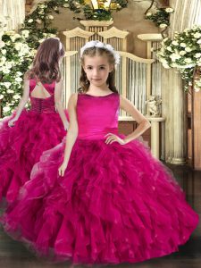 Sleeveless Tulle Floor Length Lace Up Kids Formal Wear in Fuchsia with Ruffles