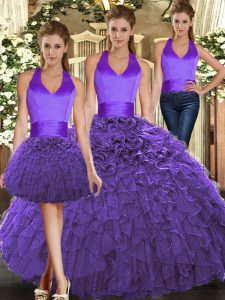 Beauteous Purple Three Pieces Halter Top Sleeveless Organza Floor Length Lace Up Ruffles Sweet 16 Quinceanera Dress