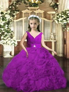 Elegant Floor Length Purple Child Pageant Dress V-neck Sleeveless Backless