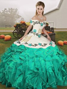 Lovely Turquoise Ball Gowns Organza Off The Shoulder Sleeveless Embroidery and Ruffles Floor Length Lace Up Quinceanera Dress