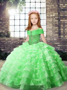 Unique Lace Up Girls Pageant Dresses for Party and Military Ball and Wedding Party with Beading and Ruffled Layers Brush Train