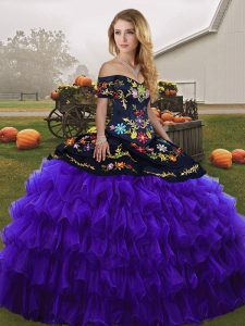 Black And Purple Ball Gowns Off The Shoulder Sleeveless Organza Floor Length Lace Up Embroidery and Ruffled Layers Sweet 16 Dresses