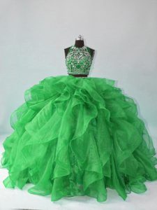 Adorable Halter Top Sleeveless 15 Quinceanera Dress Floor Length Beading and Ruffles Green Organza