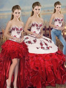 Decent Organza Sweetheart Sleeveless Lace Up Embroidery and Ruffles and Bowknot Quinceanera Gown in White And Red