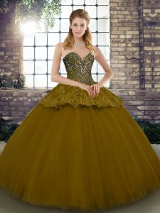 Brown Ball Gowns Beading and Appliques Ball Gown Prom Dress Lace Up Tulle Sleeveless Floor Length