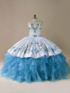 Blue Ball Gowns Sweetheart Sleeveless Organza Floor Length Lace Up Embroidery and Ruffles Sweet 16 Dress