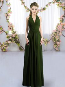 Olive Green Chiffon Lace Up Halter Top Sleeveless Floor Length Damas Dress Ruching
